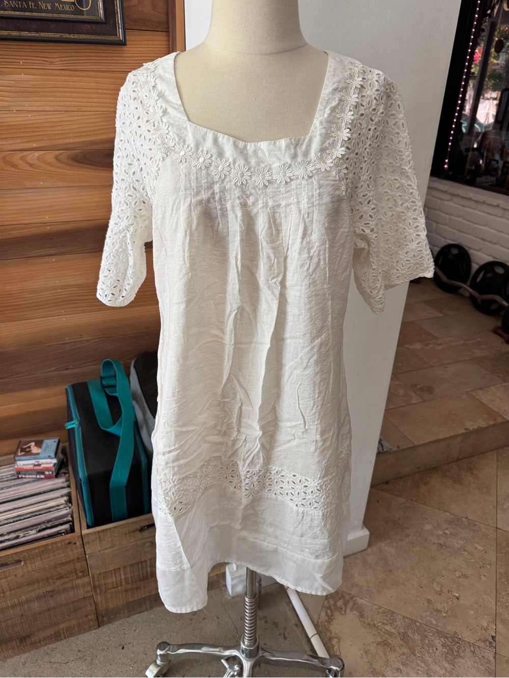 White Eyelet Mini Dress with Square Neck